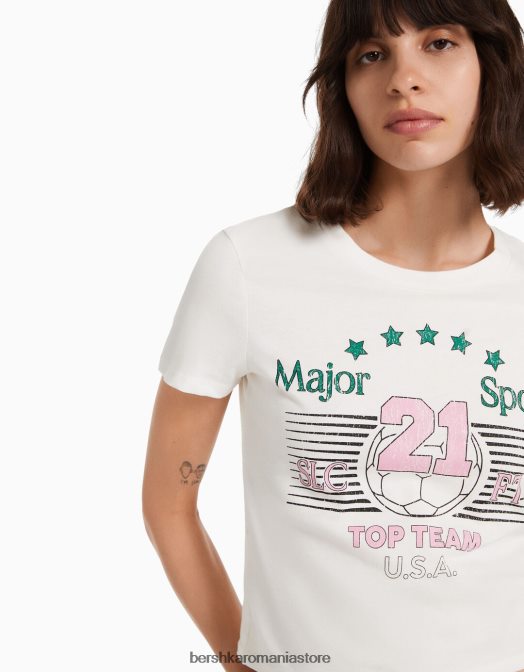 Bershka femei tricou cu maneca scurta cu imprimeu aproape alb Z86D493 îmbrăcăminte