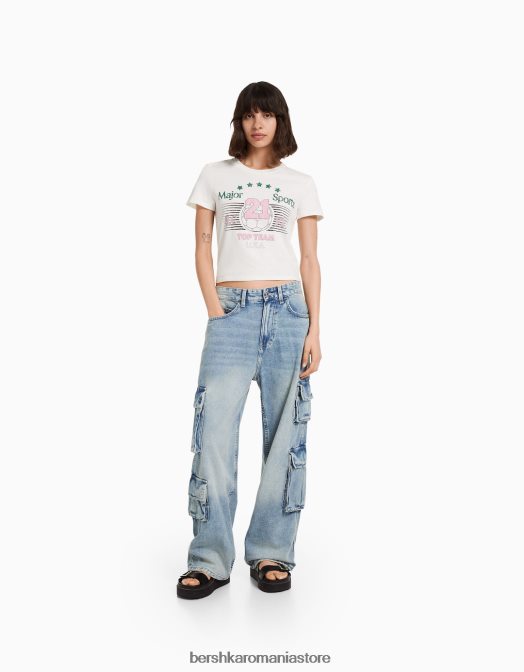 Bershka femei tricou cu maneca scurta cu imprimeu aproape alb Z86D493 îmbrăcăminte