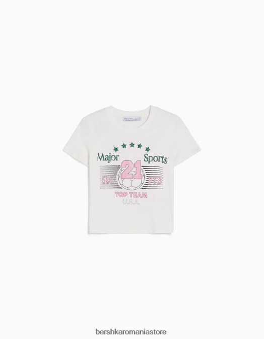 Bershka femei tricou cu maneca scurta cu imprimeu aproape alb Z86D493 îmbrăcăminte