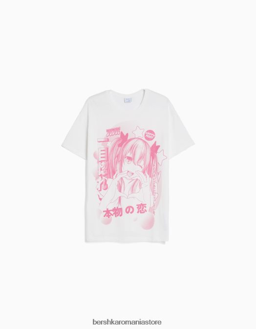 Bershka femei tricou cu maneca scurta cu imprimeu aproape alb Z86D523 îmbrăcăminte