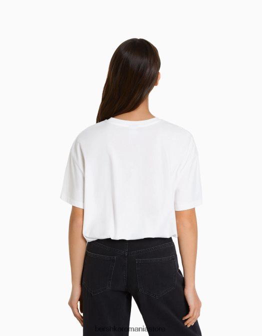 Bershka femei tricou cu maneca scurta cu imprimeu aproape alb Z86D523 îmbrăcăminte