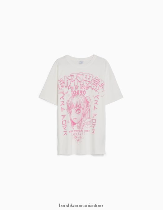 Bershka femei tricou cu maneca scurta cu imprimeu aproape alb Z86D579 îmbrăcăminte