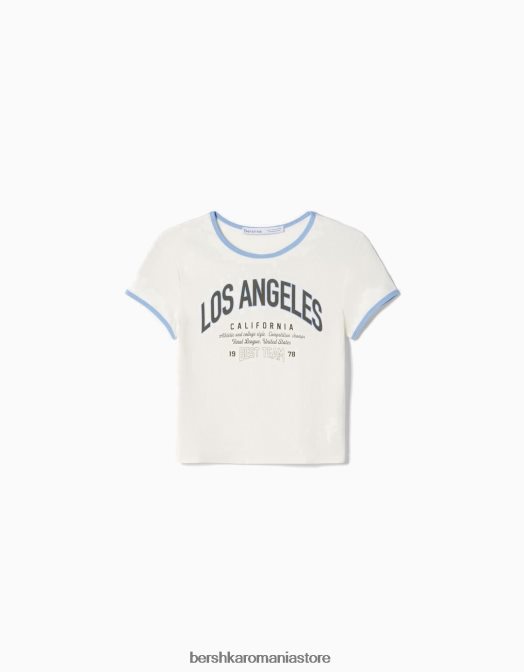 Bershka femei tricou cu maneca scurta cu imprimeu aproape alb Z86D589 îmbrăcăminte