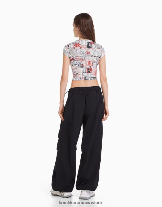 Bershka femei tricou cu maneca scurta cu imprimeu aproape alb Z86D596 îmbrăcăminte