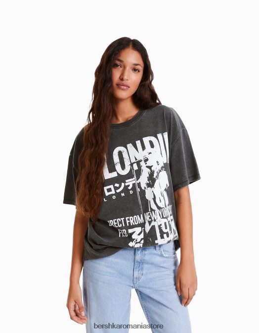 Bershka femei tricou cu maneca scurta cu imprimeu blondie gri Z86D551 îmbrăcăminte