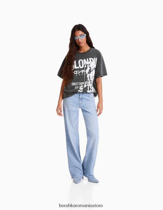 Bershka femei tricou cu maneca scurta cu imprimeu blondie gri Z86D551 îmbrăcăminte