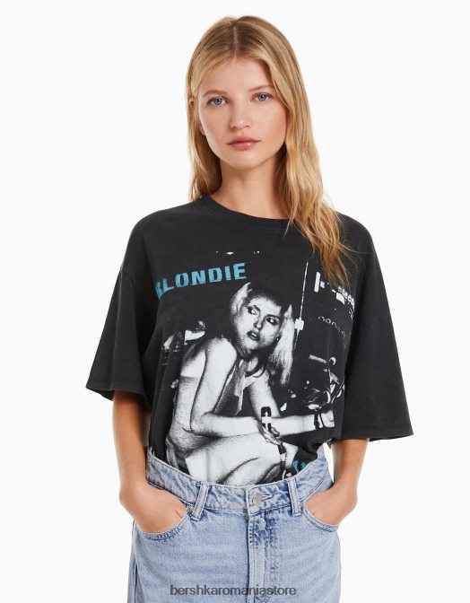 Bershka femei tricou cu maneca scurta cu imprimeu blondie negru Z86D552 îmbrăcăminte