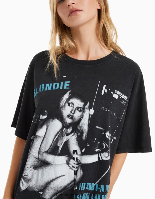 Bershka femei tricou cu maneca scurta cu imprimeu blondie negru Z86D552 îmbrăcăminte
