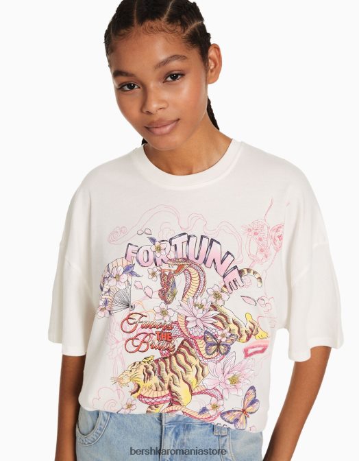 Bershka femei tricou cu maneca scurta cu imprimeu cremă Z86D329 îmbrăcăminte