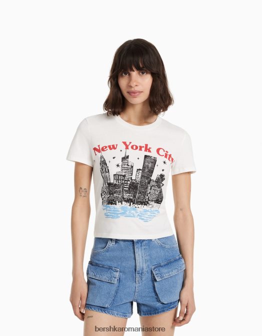 Bershka femei tricou cu maneca scurta cu imprimeu cremă Z86D494 îmbrăcăminte