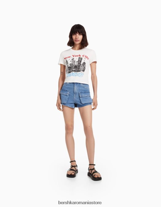 Bershka femei tricou cu maneca scurta cu imprimeu cremă Z86D494 îmbrăcăminte