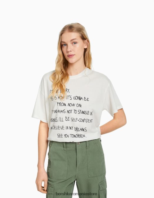 Bershka femei tricou cu maneca scurta cu imprimeu cremă Z86D506 îmbrăcăminte