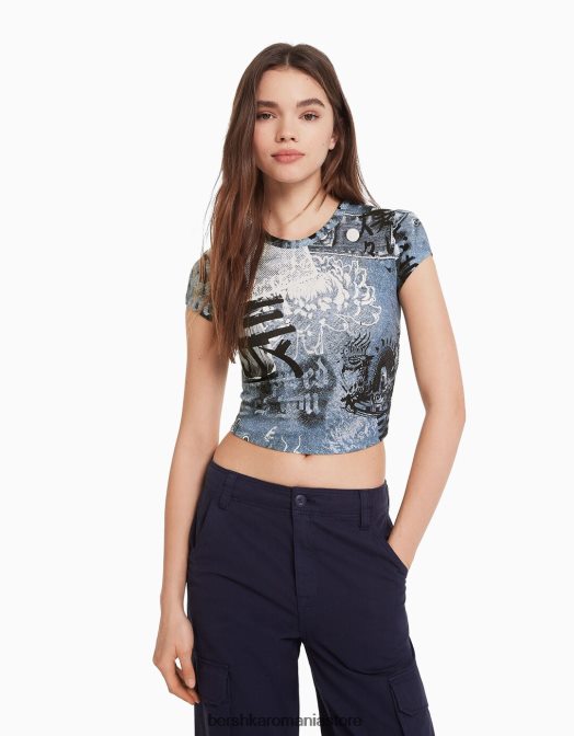 Bershka femei tricou cu maneca scurta cu imprimeu cremă Z86D599 îmbrăcăminte
