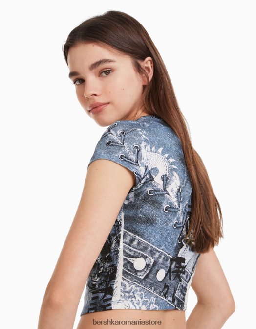 Bershka femei tricou cu maneca scurta cu imprimeu cremă Z86D599 îmbrăcăminte