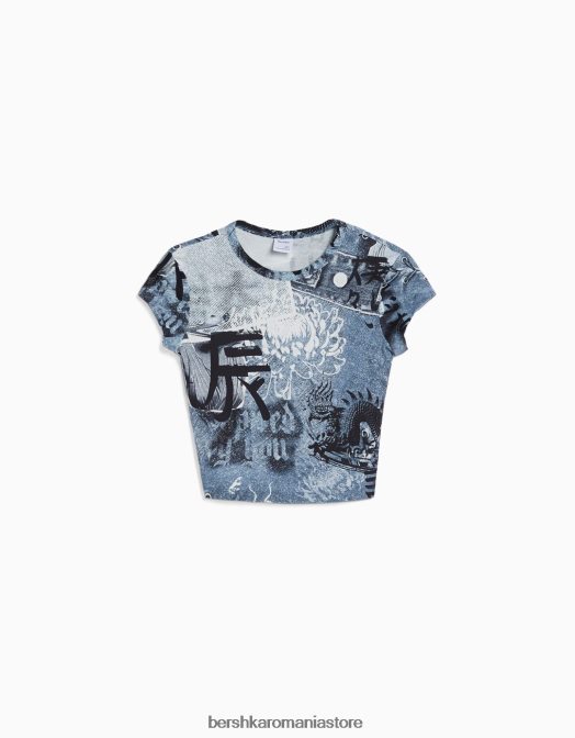 Bershka femei tricou cu maneca scurta cu imprimeu cremă Z86D599 îmbrăcăminte