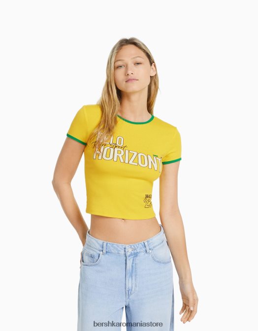 Bershka femei tricou cu maneca scurta cu imprimeu galben Z86D582 îmbrăcăminte