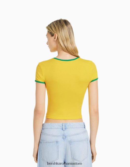 Bershka femei tricou cu maneca scurta cu imprimeu galben Z86D582 îmbrăcăminte