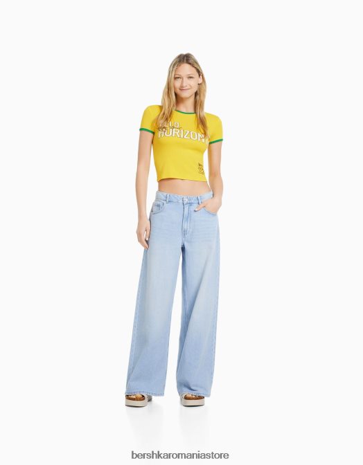 Bershka femei tricou cu maneca scurta cu imprimeu galben Z86D582 îmbrăcăminte