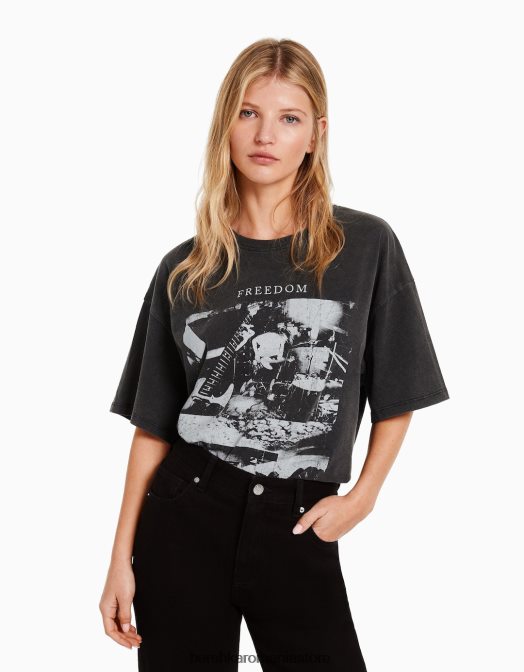 Bershka femei tricou cu maneca scurta cu imprimeu gri Z86D550 îmbrăcăminte