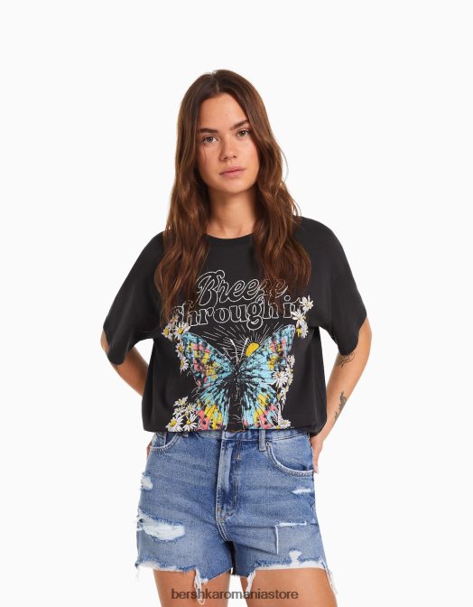 Bershka femei tricou cu maneca scurta cu imprimeu gri inchis Z86D468 îmbrăcăminte