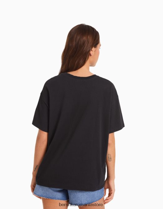 Bershka femei tricou cu maneca scurta cu imprimeu gri inchis Z86D468 îmbrăcăminte