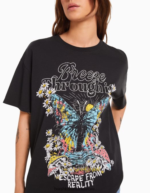 Bershka femei tricou cu maneca scurta cu imprimeu gri inchis Z86D468 îmbrăcăminte