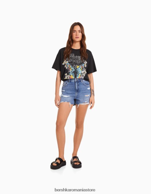 Bershka femei tricou cu maneca scurta cu imprimeu gri inchis Z86D468 îmbrăcăminte