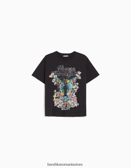 Bershka femei tricou cu maneca scurta cu imprimeu gri inchis Z86D468 îmbrăcăminte