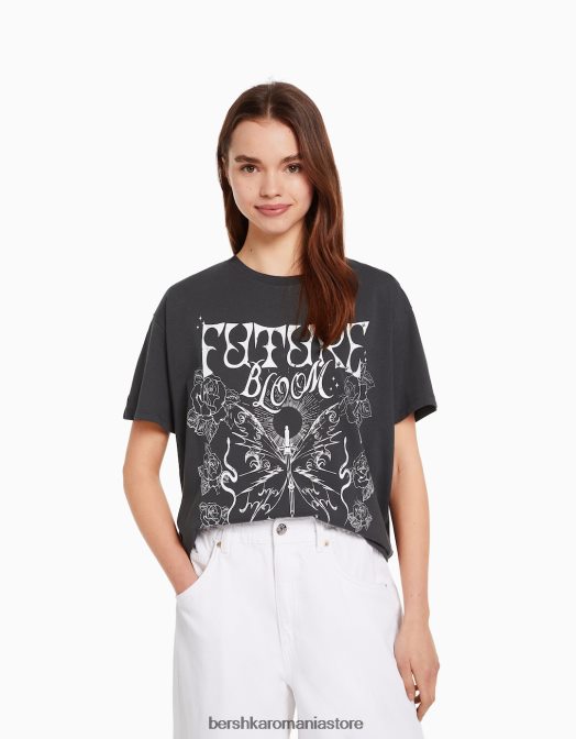 Bershka femei tricou cu maneca scurta cu imprimeu gri inchis Z86D504 îmbrăcăminte