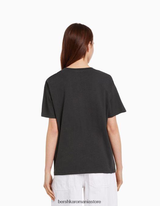 Bershka femei tricou cu maneca scurta cu imprimeu gri inchis Z86D504 îmbrăcăminte