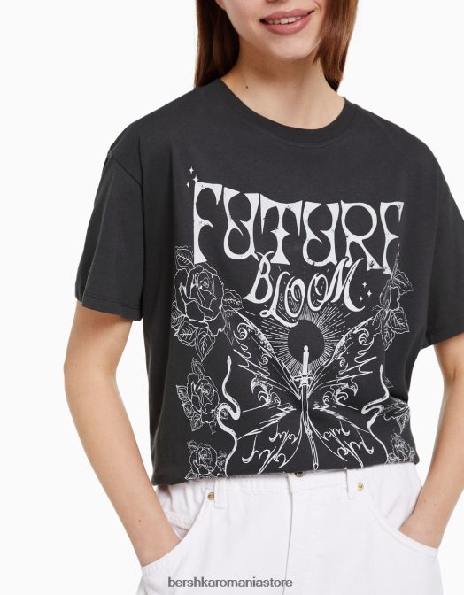 Bershka femei tricou cu maneca scurta cu imprimeu gri inchis Z86D504 îmbrăcăminte