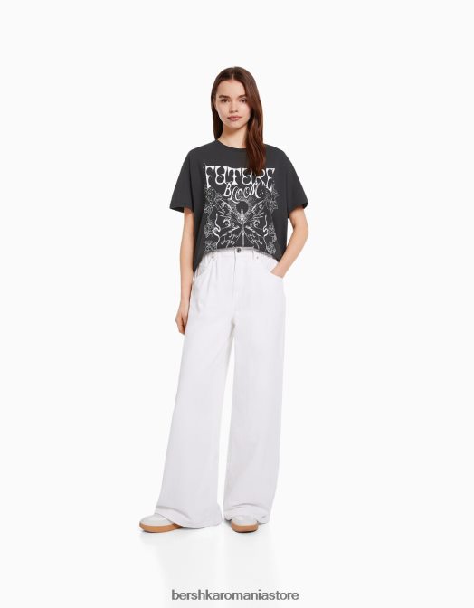 Bershka femei tricou cu maneca scurta cu imprimeu gri inchis Z86D504 îmbrăcăminte