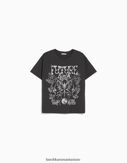 Bershka femei tricou cu maneca scurta cu imprimeu gri inchis Z86D504 îmbrăcăminte