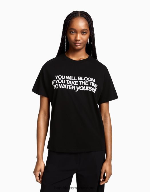 Bershka femei tricou cu maneca scurta cu imprimeu negru Z86D544 îmbrăcăminte