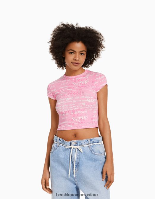 Bershka femei tricou cu maneca scurta cu imprimeu roz Z86D597 îmbrăcăminte