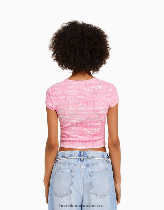 Bershka femei tricou cu maneca scurta cu imprimeu roz Z86D597 îmbrăcăminte