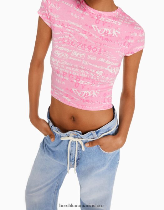 Bershka femei tricou cu maneca scurta cu imprimeu roz Z86D597 îmbrăcăminte