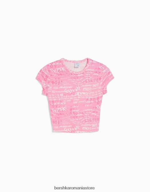 Bershka femei tricou cu maneca scurta cu imprimeu roz Z86D597 îmbrăcăminte