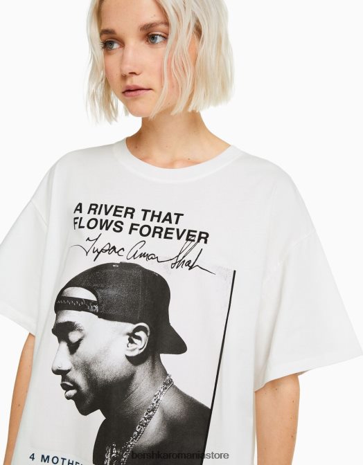 Bershka femei tricou cu maneca scurta cu imprimeu tupac aproape alb Z86D342 îmbrăcăminte