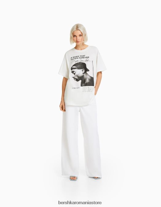 Bershka femei tricou cu maneca scurta cu imprimeu tupac aproape alb Z86D342 îmbrăcăminte