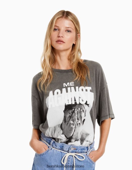 Bershka femei tricou cu maneca scurta cu imprimeu tupac gri Z86D2068 îmbrăcăminte