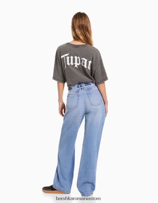 Bershka femei tricou cu maneca scurta cu imprimeu tupac gri Z86D2068 îmbrăcăminte