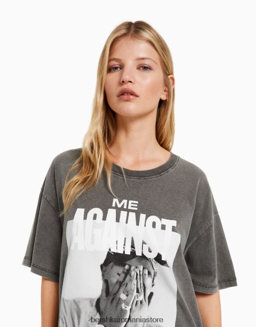 Bershka femei tricou cu maneca scurta cu imprimeu tupac gri Z86D2068 îmbrăcăminte