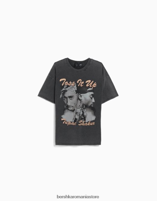 Bershka femei tricou cu maneca scurta cu imprimeu tupac gri Z86D338 îmbrăcăminte