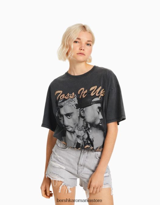 Bershka femei tricou cu maneca scurta cu imprimeu tupac gri Z86D341 îmbrăcăminte