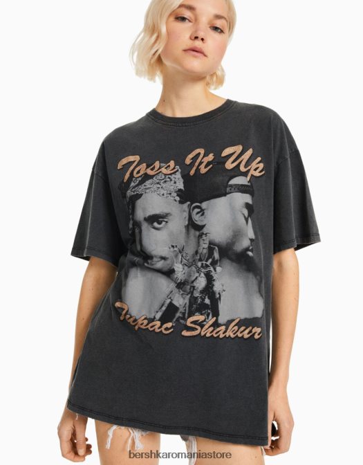 Bershka femei tricou cu maneca scurta cu imprimeu tupac gri Z86D341 îmbrăcăminte