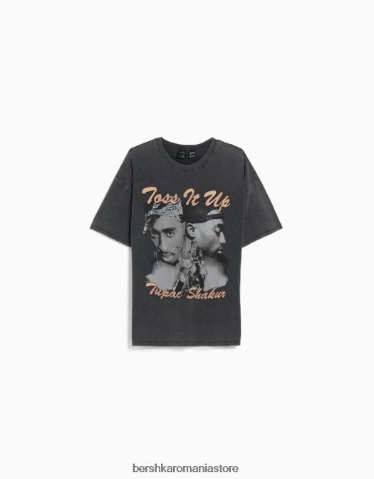 Bershka femei tricou cu maneca scurta cu imprimeu tupac gri Z86D341 îmbrăcăminte