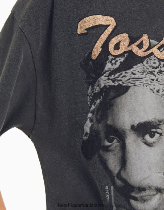 Bershka femei tricou cu maneca scurta cu imprimeu tupac gri Z86D341 îmbrăcăminte