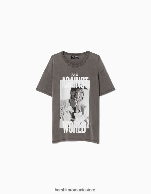 Bershka femei tricou cu maneca scurta cu imprimeu tupac gri Z86D555 îmbrăcăminte