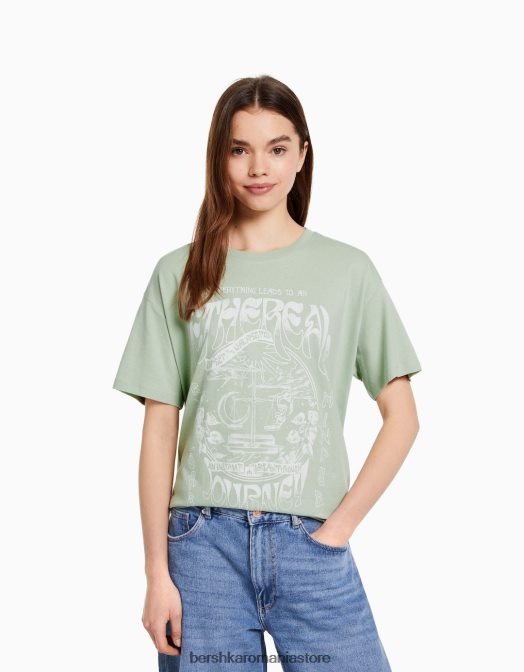 Bershka femei tricou cu maneca scurta cu imprimeu verde Z86D505 îmbrăcăminte